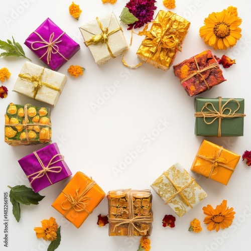 Indian sweet boxes and flowers arranged in a circle on white background 