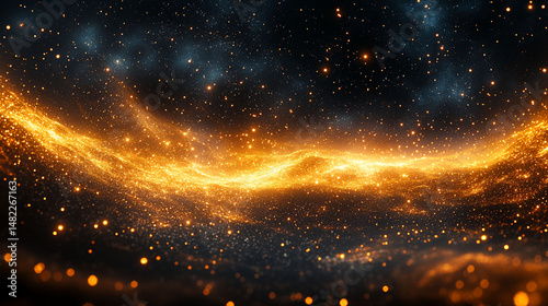 Abstract cosmic nebula with golden light streaks.