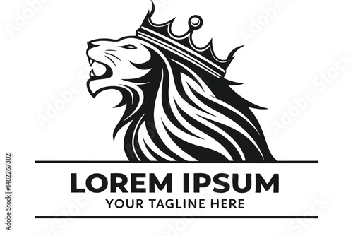 Elegant roaring lion wearing a crown logo design, monochrome vector illustration for brand identity and corporate logo template on white.