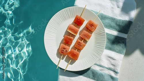 Freshly prepared watermelon slices on wooden skewers ready for a summer poolside snack experience