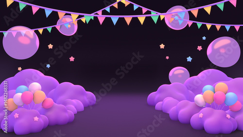 3D render cartoon carnival balloons party night.