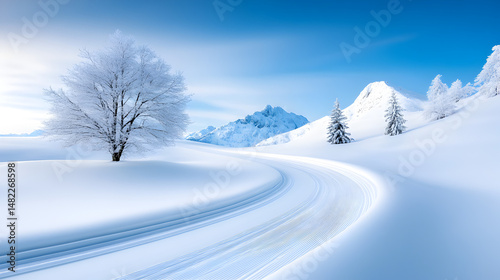 Ski Trail. Groomed Cross-Country Ski Trail on Snowy Mountain Road in Winter