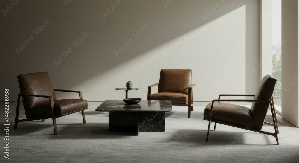 Fototapeta premium Minimalist living room with leather armchairs and marble coffee table