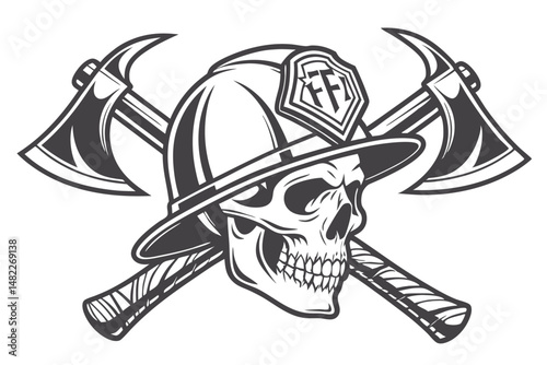 Firefighter Skull in Helmet with Crossed Axes Vintage Vector Illustration, Black and White Style for Emblem, Logo Design.