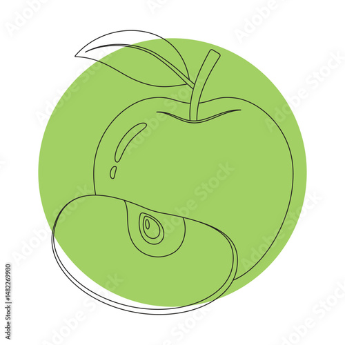 Apple fruit with slice outline on a coloured circle background vector illustration.