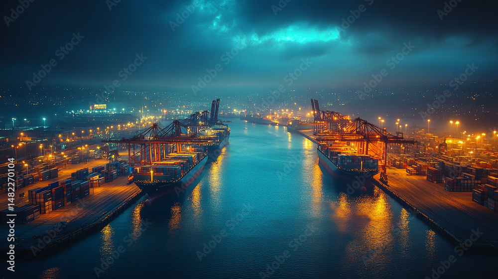 Fototapeta premium Aerial view of cargo ships docked at a port at night under stormy skies.
