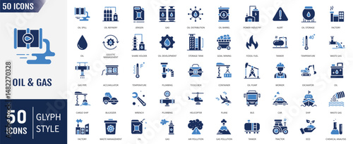 Oil and Gas flat icon set. Containing fuel, refinery, petroleum, oil well, gas pump, offshore platform, lubricant, oil barrel and more. Vector illustration