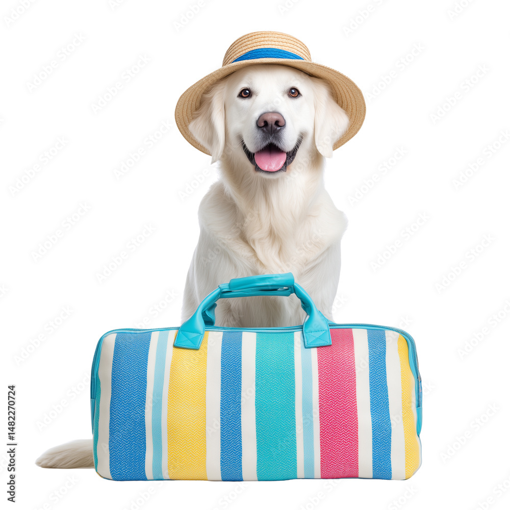 Happy golden retriever with straw hat and travel bag