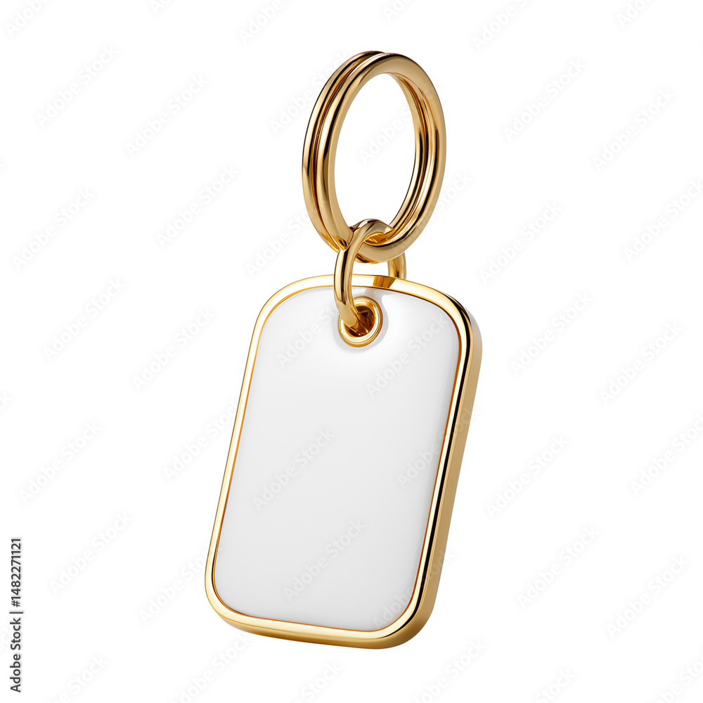 Gold keychain with blank white tag isolated on white background