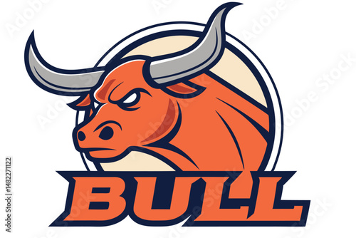 Angry Bull Head Vector Logo Emblem with Typography on White Background for Sport Team Design.