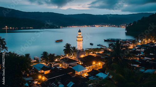Coastal Mosque at Night, Serene View