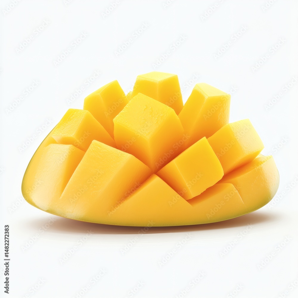 Fresh yellow mango, a sweet tropical fruit, is shown cut in half and sliced on a white background Fresh yellow mango, a sweet tropical fruit, is shown cut in half and sliced on a white background