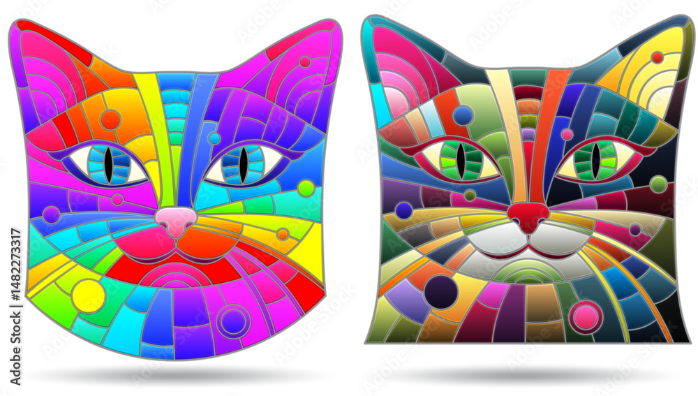 Fototapeta premium A set of stained glass illustrations with portraits of cats, animals isolated on a white background