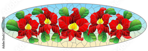 An illustration in the style of a stained glass window with orchid flowers on a blue sky background