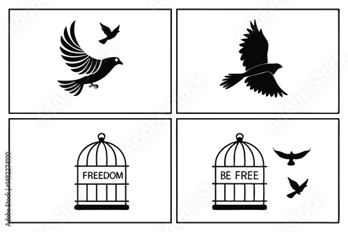 Conceptual Silhouette Illustration Depicting Freedom, Symbolized by Birds Leaving Cages and Flying Freely in a Four Panel Layout.