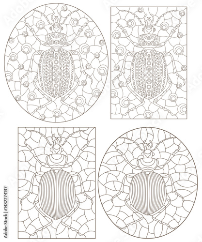 Set of contour illustrations of stained glass Windows with beetles, dark contours isolated on white background
