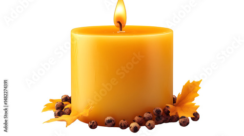 A Captivating Autumn Candle Display Surrounded by Vibrant Leaves and Berry Accents
