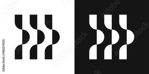Minimal geometric logo with three vertical lines and wave curves. Abstract tech symbol for digital platforms and flow systems.