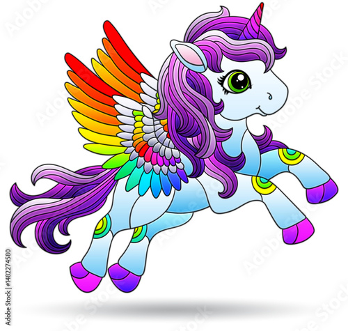 Stained glass illustrations with cute cartoon unicorn , animal isolated on a white background