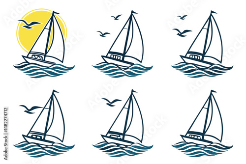 Simple Illustration of Sailboats on the Water with Birds and Sun, Nautical Design, Vector Silhouette Set.