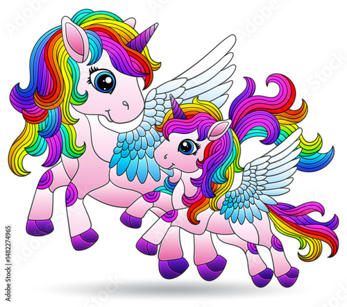 Stained glass illustrations with cute cartoon unicorns , animals isolated on a white background