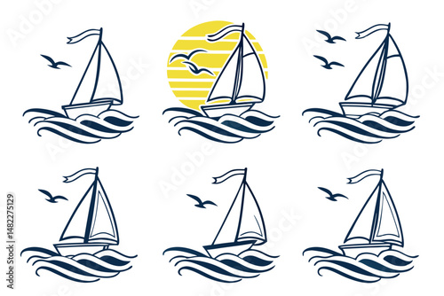 Set of Sailing Boat Illustrations with Birds and Sun in Graphic Style on Sea Waves Isolated on White.