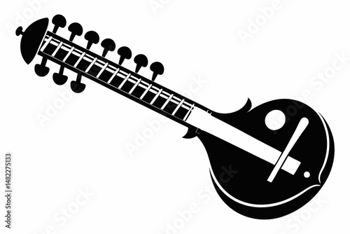 sitar silhouette line art vector illustration with a white background