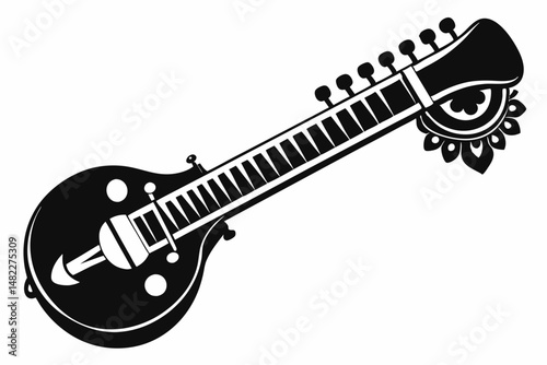 sitar silhouette line art vector illustration with a white background