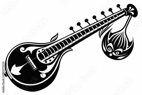 sitar silhouette line art vector illustration with a white background