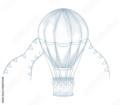 Vector illustration of a retro hot air balloon with garlands and engraving lines. Linear pastel blue drawing of vintage Aircraft for nursery posters or Baby shower greeting cards. Art of Aircraft.