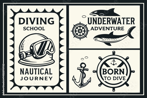 Nautical Diving Adventure Set in Vintage Style with Diving Helmet, Anchor, Sharks, and Steering Wheel Illustrations.