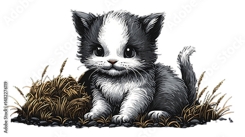 Adorable Gray and White Kitten Resting Amidst Grassy Terrain in a Delightful Illustration
