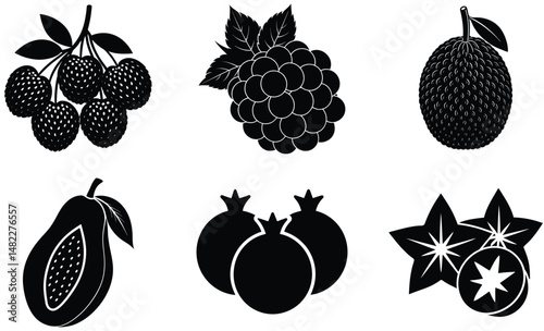 Fruit Silhouette Vector Set– Minimal Black Fruit Collection Illustration for Healthy Food, Kitchen Decor, Organic Product, and Nutrition Design Projects