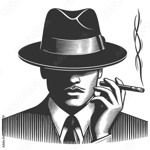 serious man in a fedora and sunglasses, confidently smoking a cigar like a mob boss sketch engraving generative ai fictional character vector illustration. Scratch board imitation. Black and white.