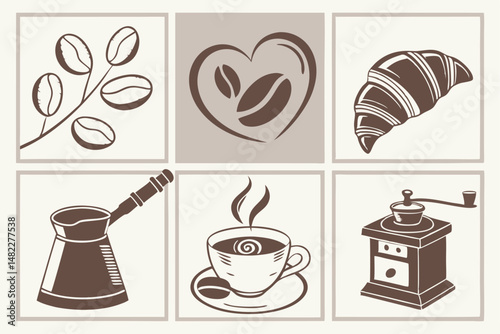 Coffee Elements Collection: Hand-Drawn Beans, Pot, Croissant, Cup, and Grinder Illustrations in Sepia Tones for Culinary Designs.