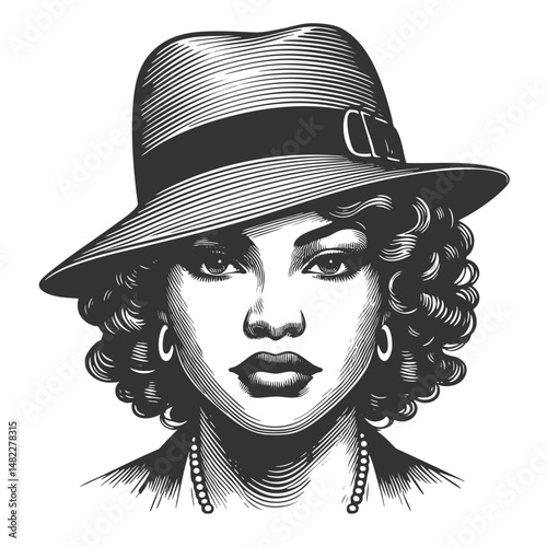 stylish woman wearing a wide-brim hat and pearls, with a confident, classic look sketch engraving generative ai fictional character vector illustration. Scratch board imitation. Black and white image.