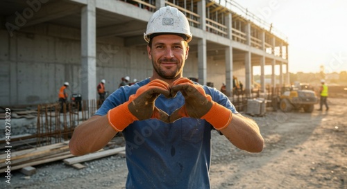 Construction worker forming a heart shape with hands