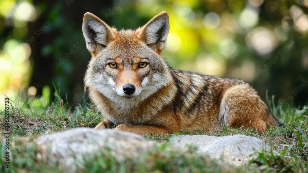 Fototapeta premium Close-up of a golden jackal in a serene setting, with lush greenery and rocks. Its focused gaze and golden fur are highlighted. Peaceful atmosphere captured.