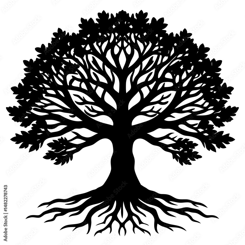 Obraz premium a detailed oak tree with exposed roots silhouette v2