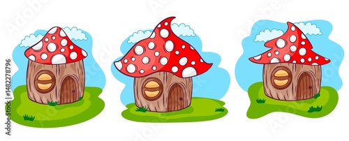 Fairytale mushroom houses, forest fairy home in plants and berries, Cute houses isolated illustration collection
