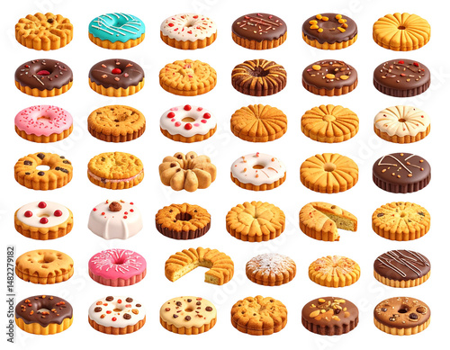 A vibrant array of assorted round cookies, each with unique toppings and textures, displayed in a grid pattern