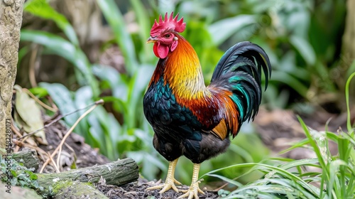 A confident rooster standing tall even while asleep, authoritative stance conveyed powerfully