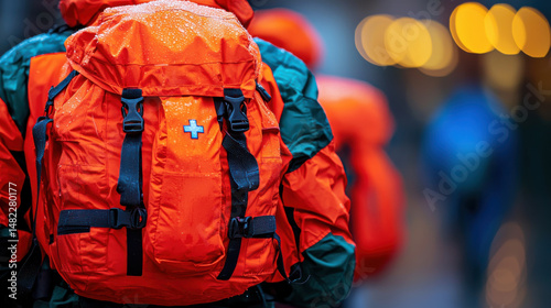 Bright orange backpack with reflective details, worn by person in raincoat, showcasing outdoor adventure and emergency preparedness