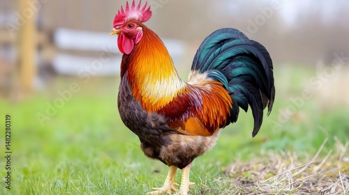 A confident rooster standing tall even while asleep, authoritative stance conveyed powerfully