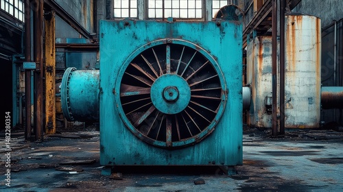 Blue-painted axial blower with guard grill on industrial warehouse floor