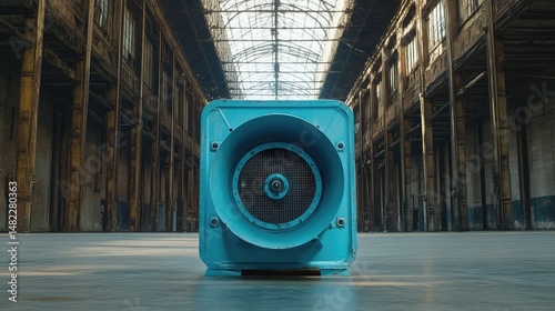 Blue-painted axial blower with guard grill on industrial warehouse floor