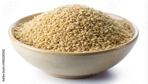Abundant bowl of sesame seeds piled high on a white background table