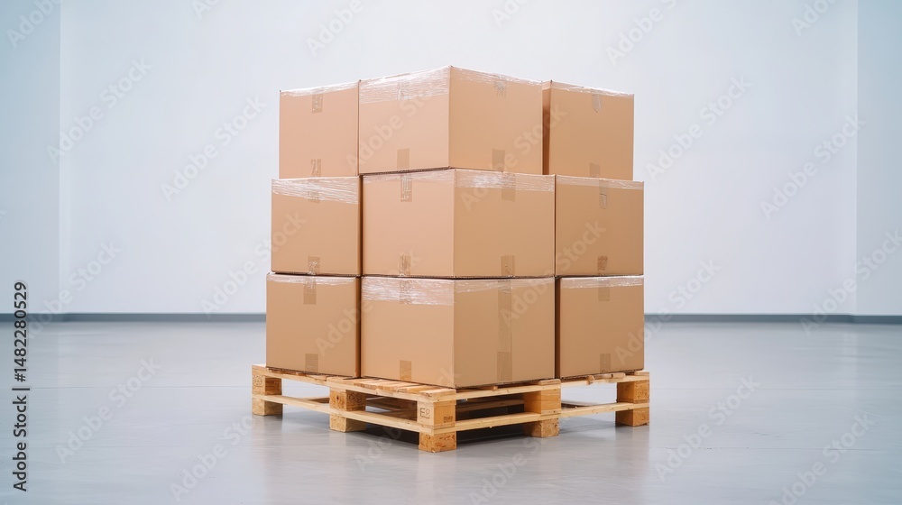 Stack of Sturdy Cardboard Boxes on a Wooden Pallet in a Bright, Spacious Warehouse Environment Stack of Sturdy Cardboard Boxes on a Wooden Pallet in a Bright, Spacious Warehouse Environment