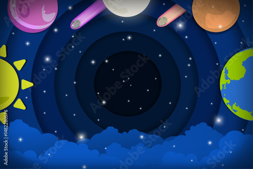Outer Space Illustration in paper cut out  origami design with copy space in center. Cartoon sun, Earth, and planets, with blue night atmosphere clouds on bottom, glowing stars, comets, meteor. Galaxy