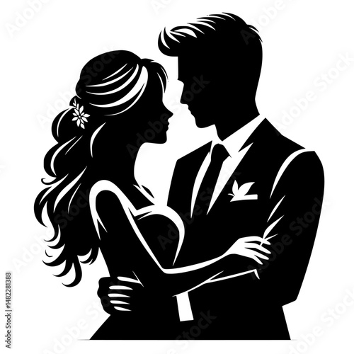 Foto Elegant black silhouette of bride and groom embracing